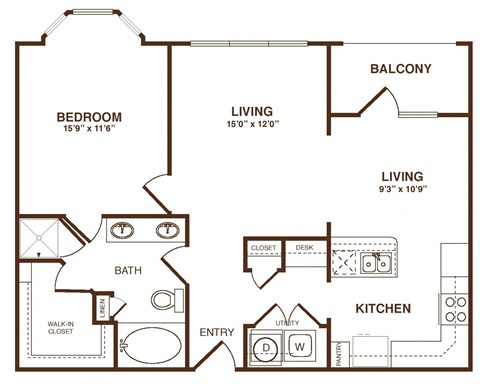 Floor plan for 1 bed, 1 bath, 872 sqft